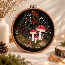 Jesienne muchomory,haft w oprawie ok 20 cm średnicy