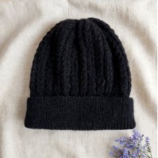 Czarna Czapka Zimowa "Mazurska Noc" - 100% Wełna Merino - Ręcznie Robiona na Drutach - Unisex
