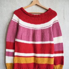 wełniany sweter w paski czerwony żółty pasiasty wełna ręcznie robiony na drutach handmade rękodzieło rozmiar S
