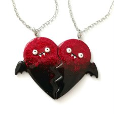 2 naszyjniki dla najlepszych przyjaciółek Halloweenowy czarny czerwony naszyjnik złamane serce nietoperz