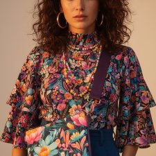Granatowo-śliwkowa kopertówka handmade z weluru w kwiaty