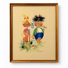 Ilustracja dziecięca 1952 r Maud D’Andin obraz sygnowany Mid Century Szwecja Vintage