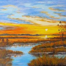 NASTROJOWY PEJZAŻ MALOWANY NA PŁÓTNIE - "ODBICIE W WODZIE PO ZACHODZIE" 30x40cm