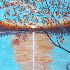 NASTROJOWY PEJZAŻ MALOWANY NA PŁÓTNIE - "ROMANTYCZNE REFLEKSY" 40x30cm