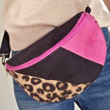 Nerka damska patchwork różowa, czarna i panterka cętki torebka na ramię