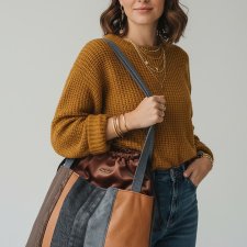 Szaro-brązowa duża torba z kominem patchwork