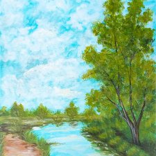 SPOKOJNY PEJZAŻ MALOWANY NA PŁÓTNIE - "KOJĄCY KADR" 40x30cm