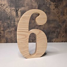 Cyfra 6 sześć, z litego drewna, drewniana, jesion, stojąca dekoracyjna, wysokość 20cm