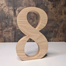Cyfra 8 osiem, z litego drewna, drewniana, jesion, stojąca dekoracyjna, wysokość 20cm