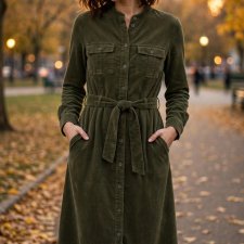 Emerald Green Corduroy Midi Dress | Handmade Old Money Autumn Shirt Dress