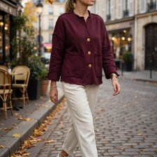 Handmade Burgundy Cotton Shirt-Jacket | Old Money Style Boxy Blouse with Gold Buttons