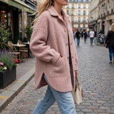 Handmade Dusty Pink Bouclé Jacket | Cozy Oversized Teddy Shacket Autumn Car Coat