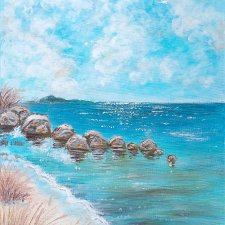 SPOKOJNY PEJZAŻ MALOWANY NA PŁÓTNIE - "BŁĘKITNE CHWILE" 40x30cm