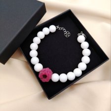 Bransoletka biała malina szklane koraliki stal nierdzewna handmade
