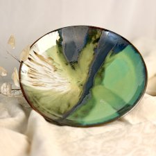 Unikatowa patera ceramiczna na owoce, zielona misa ze złotym przebłyskiem
