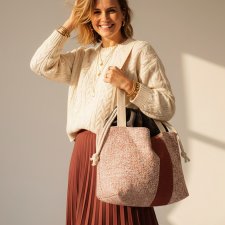 Duża torba z kominem XL – szary welur i ruda plecionka | Handmade