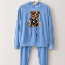 Dres komplet z misiem miękki 36 S 38/M niebieski ala welur bluza kaptur spodnie dresowe