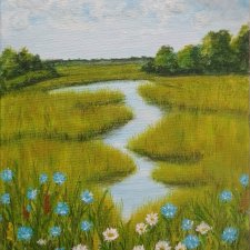 POETYCKI PEJZAŻ MALOWANY NA PŁÓTNIE - "POLNĄ ŁĄKĄ" 40x30cm