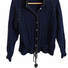 Kardigan vintage piękne guziki pompony sweter zapinany granatowy