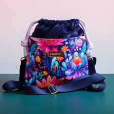 Granatowa listonoszka z kominem z weluru w kwiaty – handmade, unikat