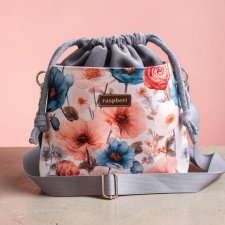 Szara listonoszka z kominem z weluru w kwiaty – handmade, unikat