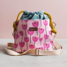 Zielona listonoszka z kominem z weluru w różowe tulipany – handmade, unikat