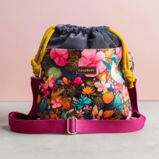 Ciemnoszara listonoszka z kominem z weluru w kwiaty i koliberki – handmade