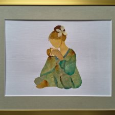 Kobieta z filiżanką – – oryginalny obraz z suszonych kwiatów 21 × 30 cm