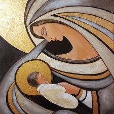 Ręcznie malowany obraz "Złota Madonna z Dzieciątkiem" – 100x100 cm