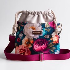 Listonoszka z kominem z weluru ecru i turkusowych peonii – handmade, unikat