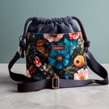 Grafitowa listonoszka z kominem z weluru w kwiaty – handmade, unikat