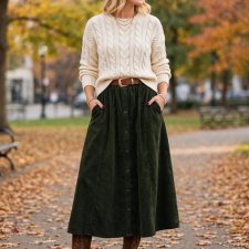 Długa spódnica sztruksowa midi maxi - Butelkowa zieleń | Old Money