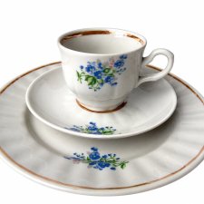 Zestaw śniadaniowy Trio niezapominajki Dobrusz lata 70 filiżanka Vintage PRL retro (4/6)