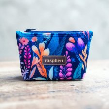 Etui na klucze z granatowego weluru w różowe i fioletowe kwiaty – handmade