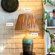Ceramiczna duża lampa z abażurem z rafii, zieleń, brąz i beż handmade