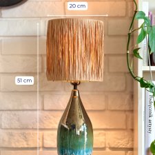 Ceramiczna duża lampa z abażurem z rafii, zieleń, brąz i beż handmade