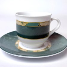 Filiżanka ze spodkiem kubek Arcopal France zielona szkło opalowe Vintage Retro