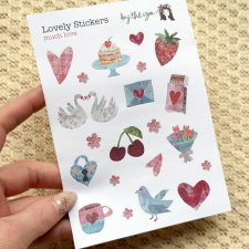 Naklejki walentynkowe - arkusz 21 naklejek z sercami do journalingu i scrapbookingu, kolaż papierowy A6