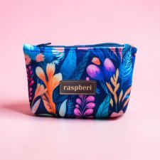 Etui na klucze z granatowego weluru w różowe i fioletowe kwiaty – handmade