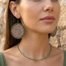 Ręcznie Szyte Kolczyki Koła Boho – Zielone Mozaiki z Koralików
