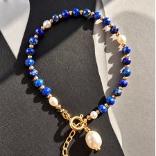 Kobaltowa bransoletka Electric Blue z lapis lazuli i pereł i pozłacanego srebra