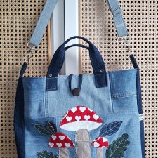 Torebka jeansowa z upcyclingu Torba Shopper w grzybki