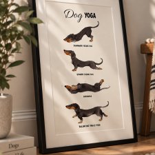 Dog Yoga – autorski plakat z jamnikiem A3