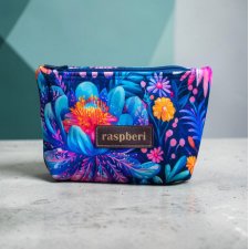 Etui na klucze z granatowego weluru w różowe i fioletowe kwiaty – handmade