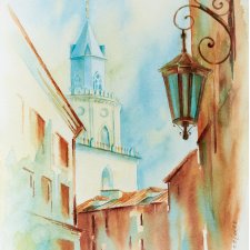 Lublin.Archikatedra św. Jana Chrzciciela i św. Jana Ewangelisty. Wieża Trynitarska - oryginalny obraz akwarelowy