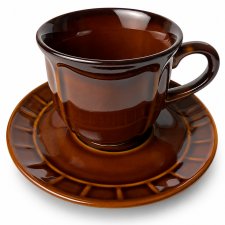 Filiżanka ze spodkiem Pruszków porcelit brązowa vintage PRL retro Polski Design (2/6)